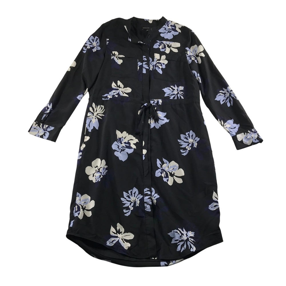 Banana Republic Black Blue Floral Long Sleeve Drawstring Shirt Dress Size M